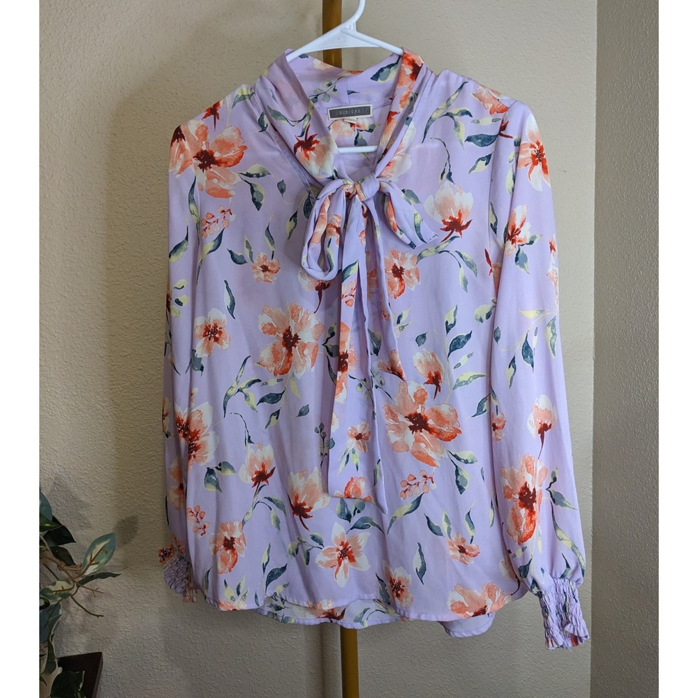 Pleione Lavender Floral Neck Bow Blouse Smocked Long Sleeve Small